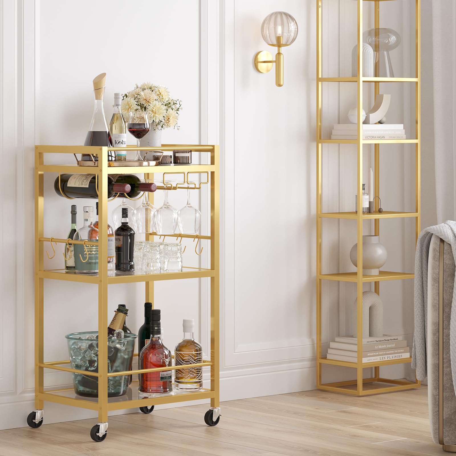 TUTOTAK bar cart in gold with a three-tier mirrored shelf for stylish entertaining