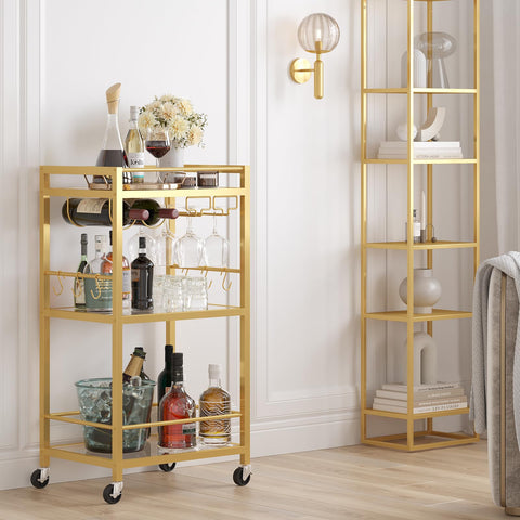 TUTOTAK bar cart in gold with a three-tier mirrored shelf for stylish entertaining