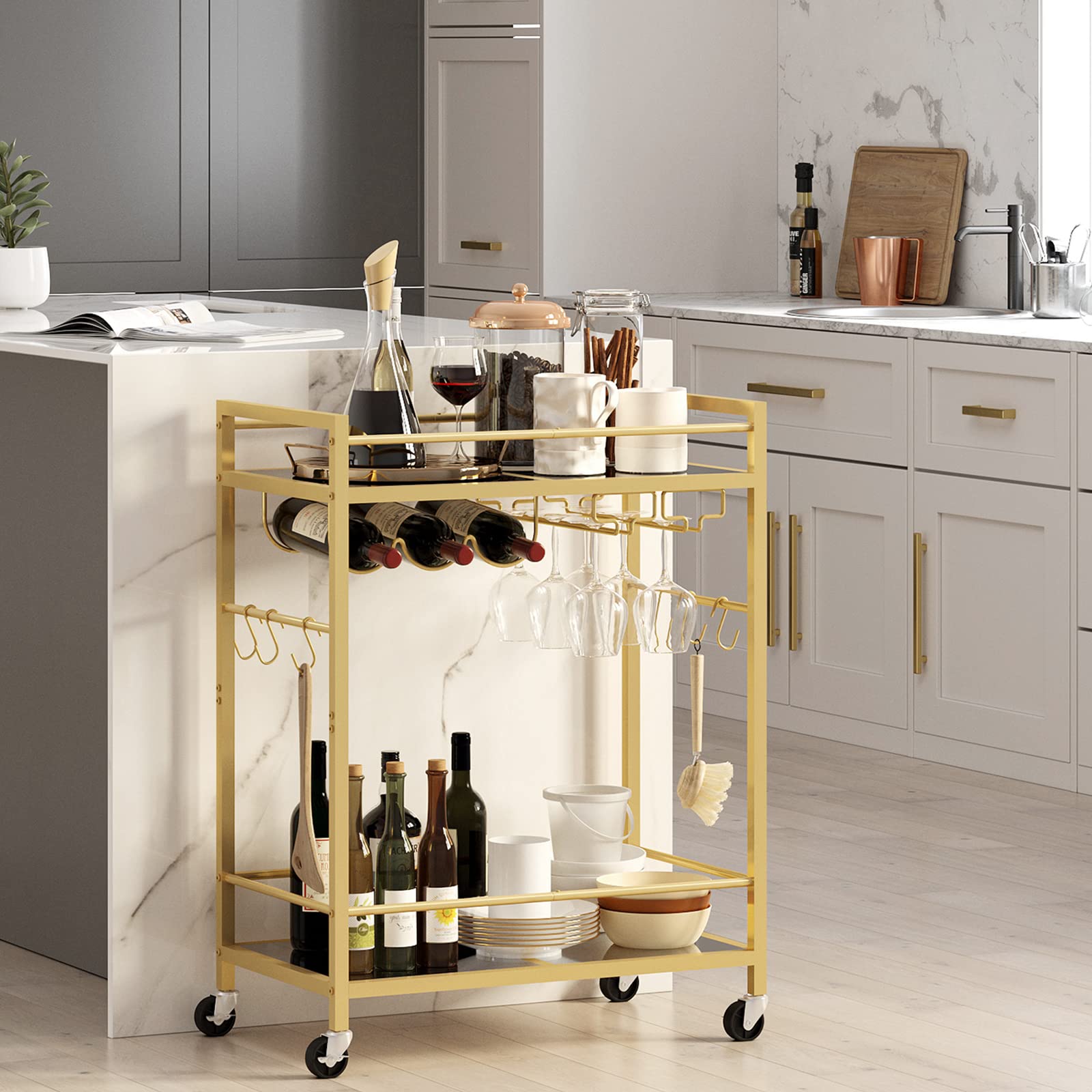 TUTOTAK bar cart handle and 6 hooks organize mugs and towels.