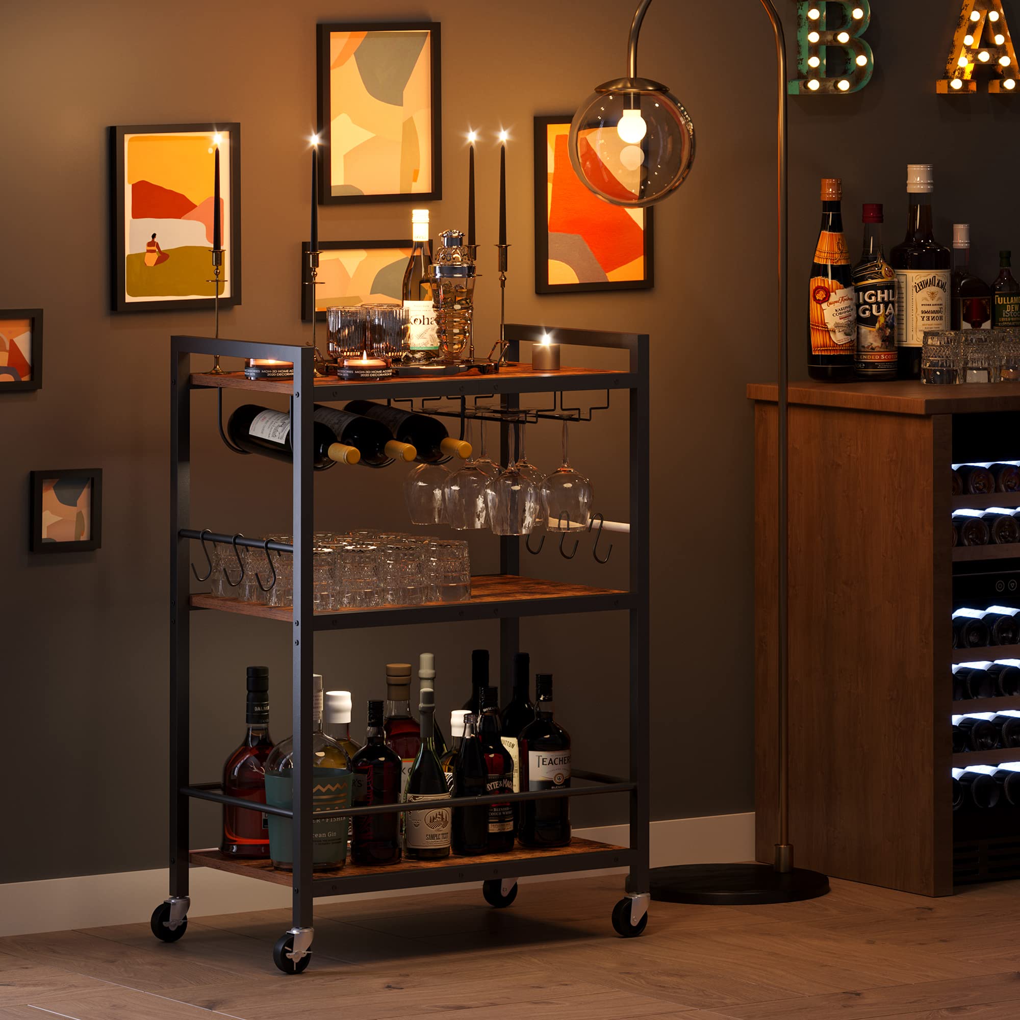 TUTOTAK Bar Cart handle and hooks providing convenient hanging options.
