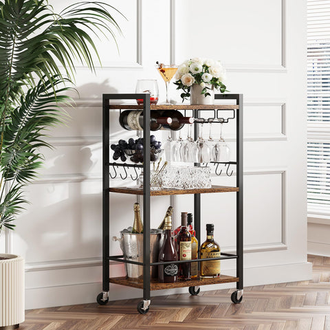 TUTOTAK Bar Cart rolling brown shown in living room setup for easy mobility