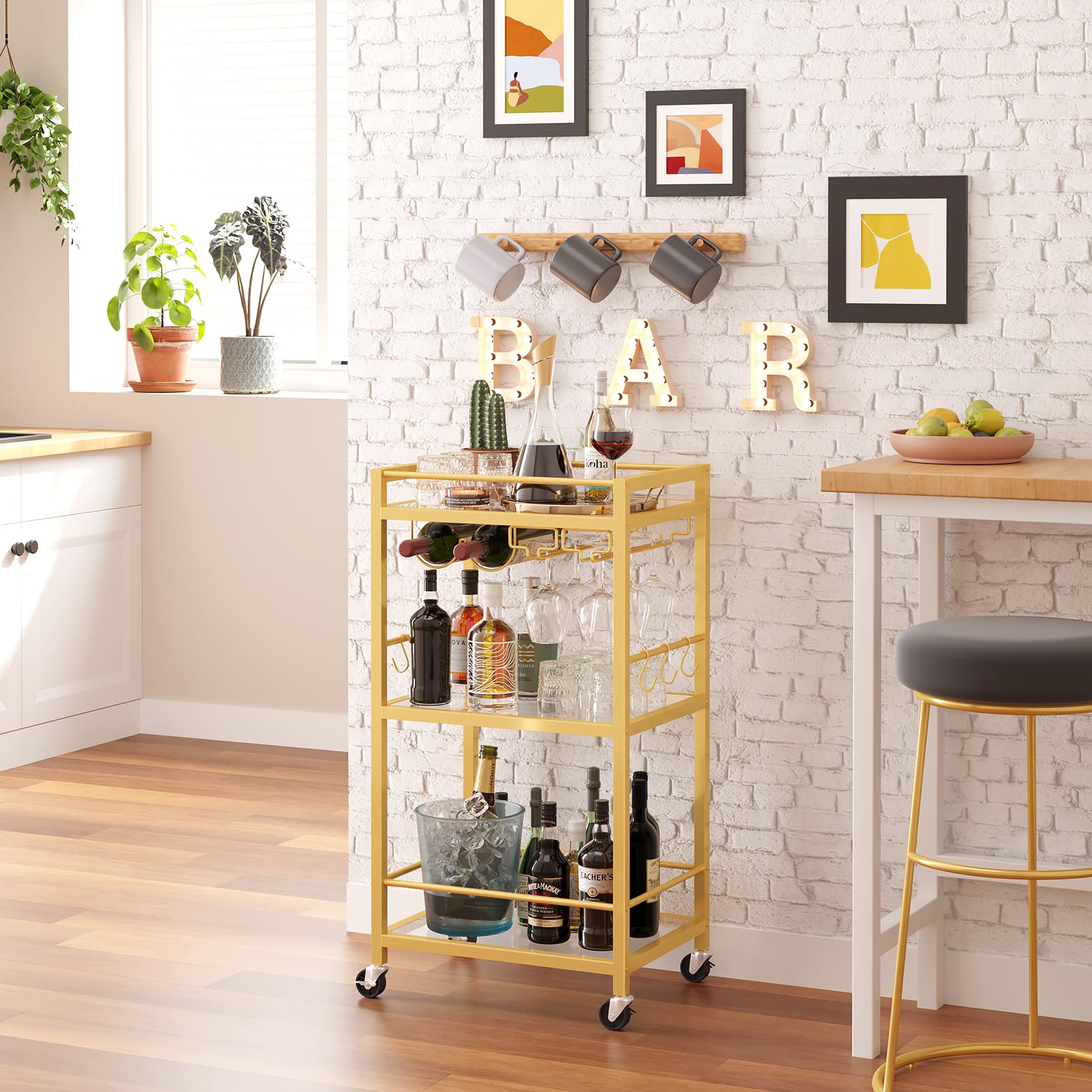 TUTOTAK bar cart with rolling casters enables easy repositioning during gatherings