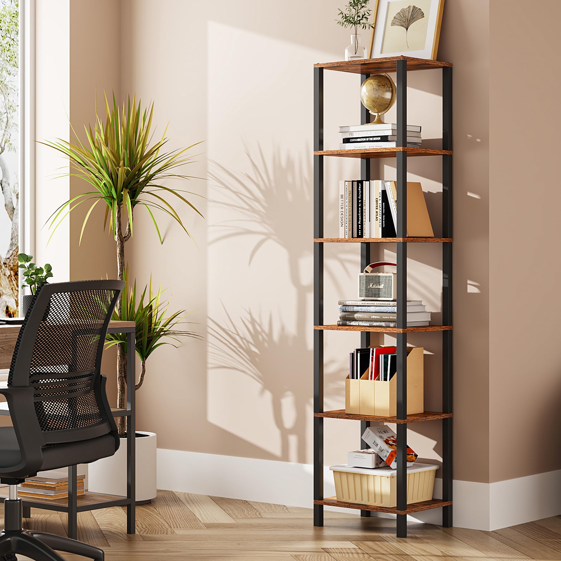 TUTOTAK Bookshelf 6-tier narrow front view showing tall, slim storage unit for small spaces.