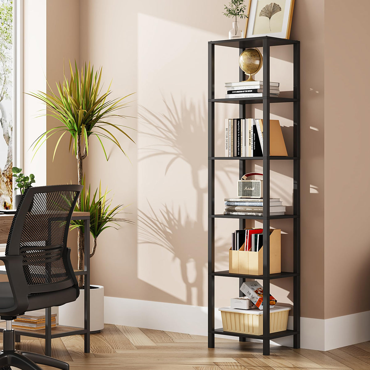 TUTOTAK 6-tier narrow bookshelf with organized storage for books and decor.
