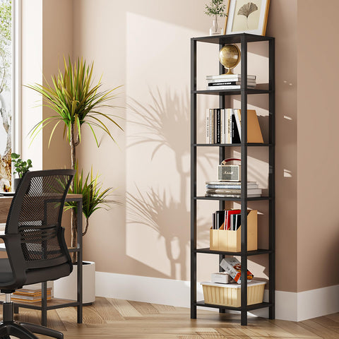TUTOTAK 6-tier narrow bookshelf with organized storage for books and decor.