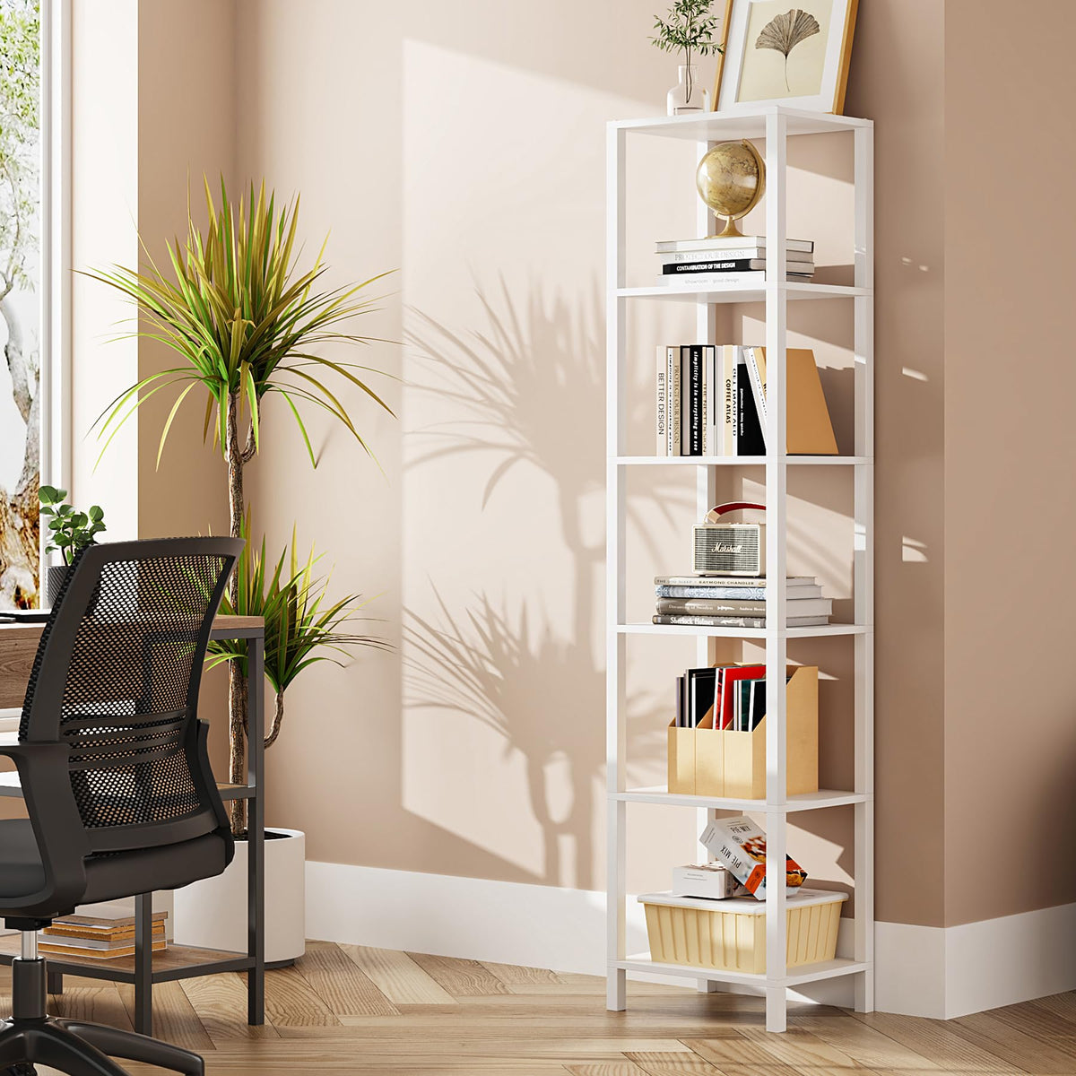 TUTOTAK Bookshelf 6-Tier slim profile provides space-saving storage for living rooms.