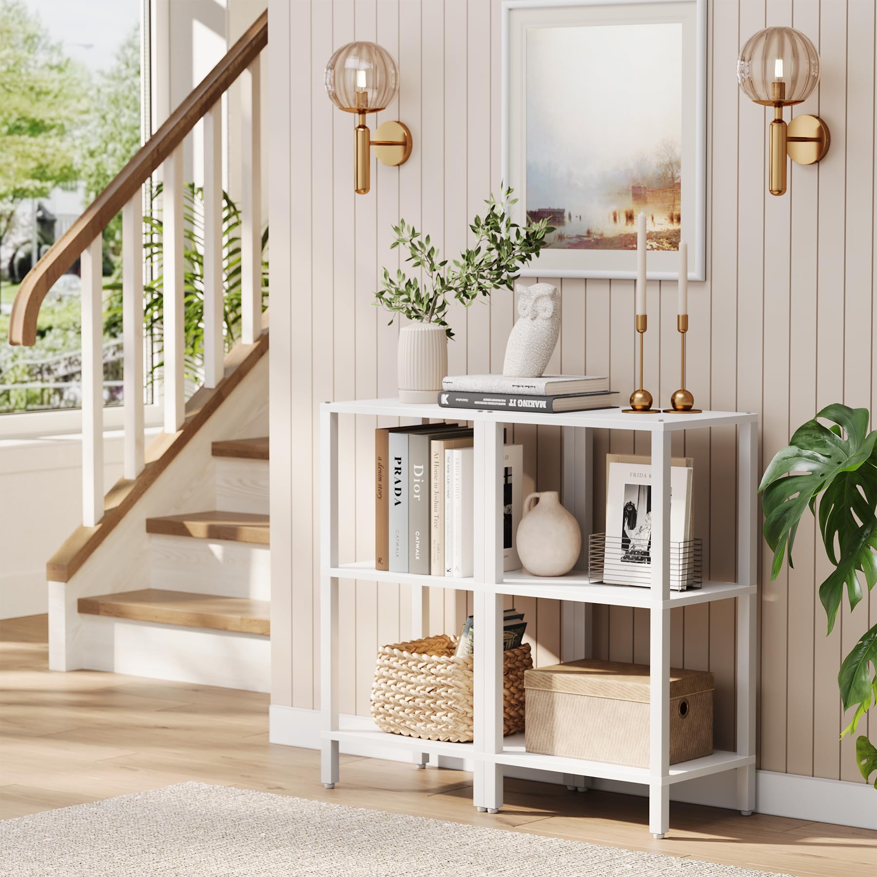TUTOTAK White bookshelf features adjustable feet to protect floors.