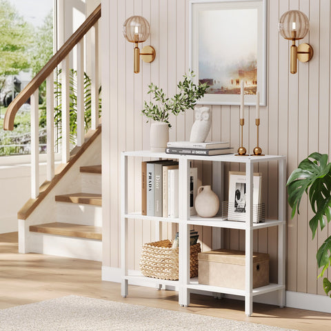 TUTOTAK White bookshelf features adjustable feet to protect floors.