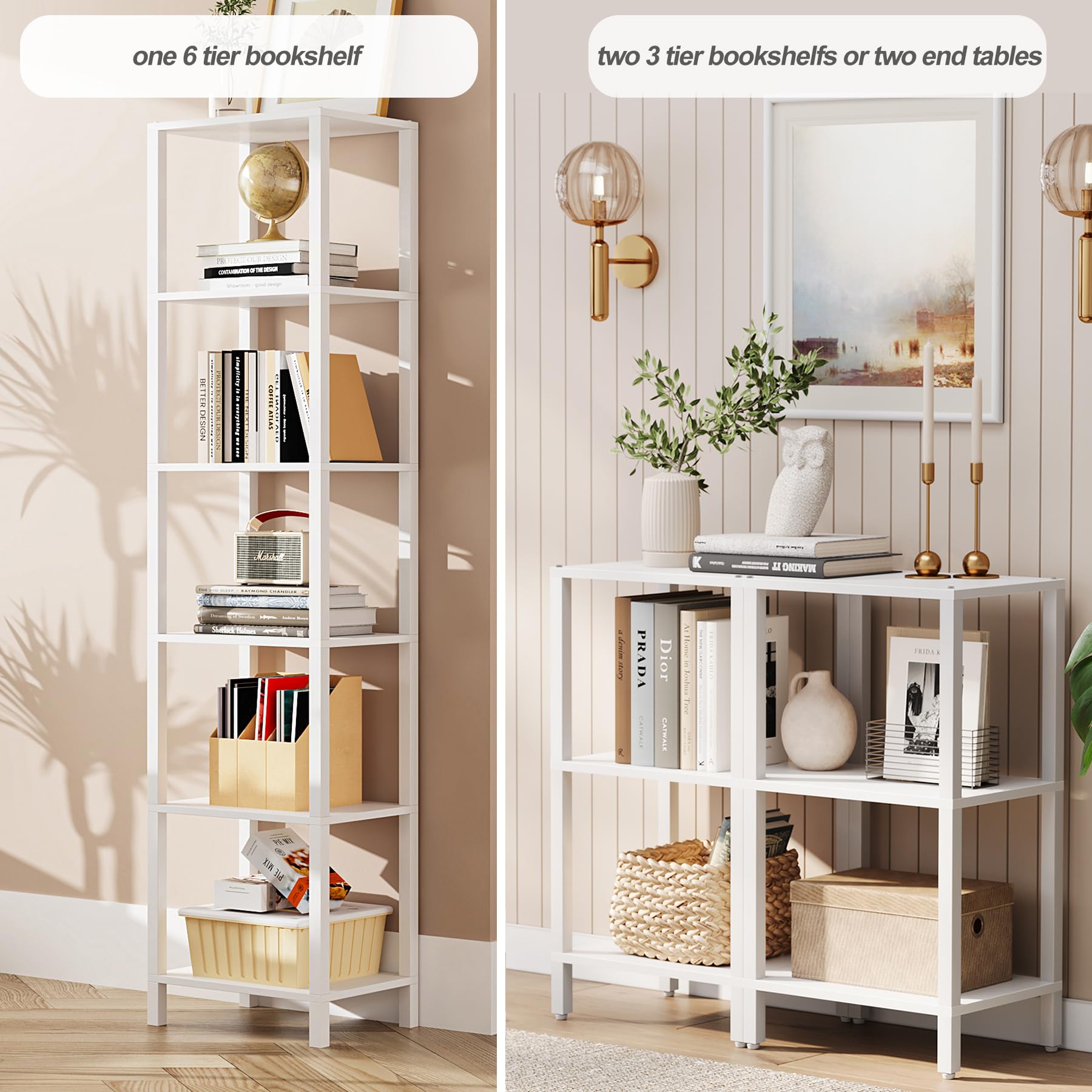 TUTOTAK Bookshelf shows 1 bookshelf or 2 end tables configuration for flexibility.