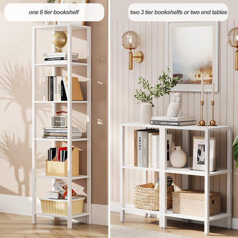 TUTOTAK Bookshelf shows 1 bookshelf or 2 end tables configuration for flexibility.