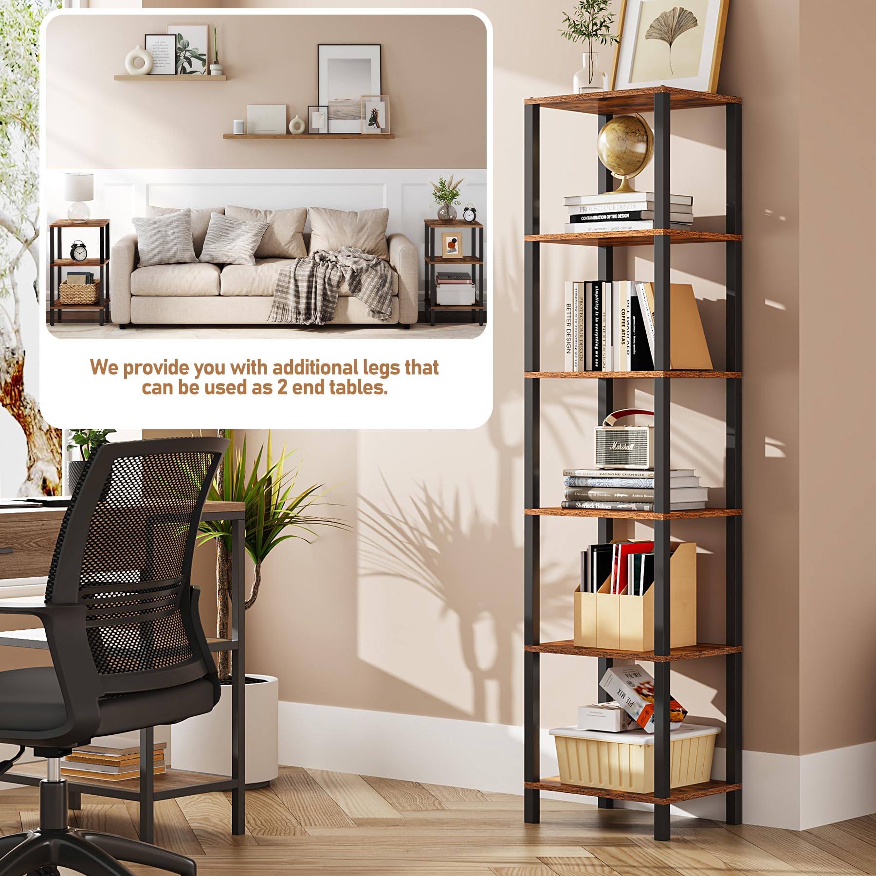 TUTOTAK Living room setup with the 6-tier shelf displaying decor and books.