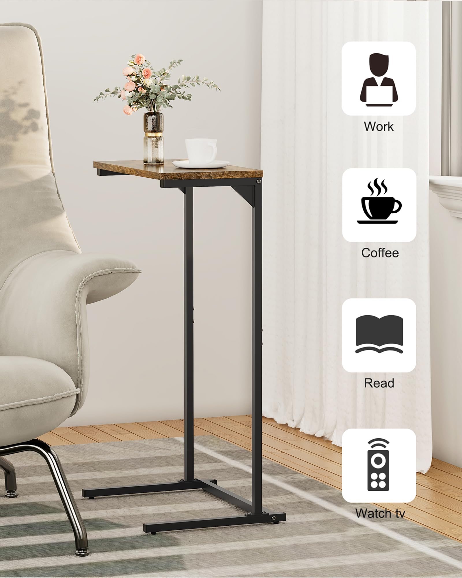 TUTOTAK C-Shaped End Table next to chair for drinks and remote.