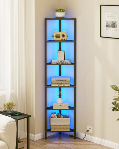 TUTOTAK corner shelf with LED light highlights books and decor in a compact living space