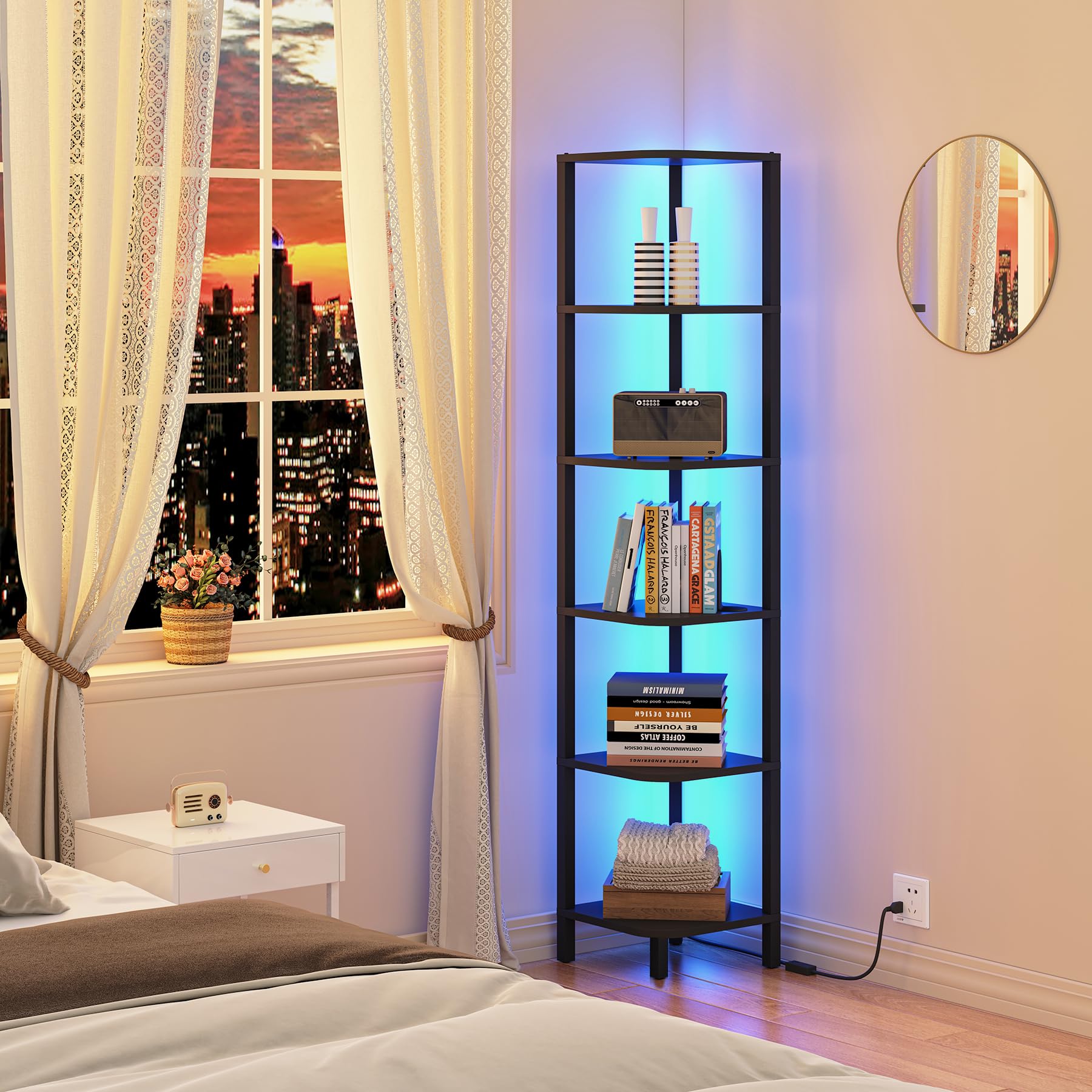 TUTOTAK Corner Shelf with LED Light displaying ambient decor in a living room