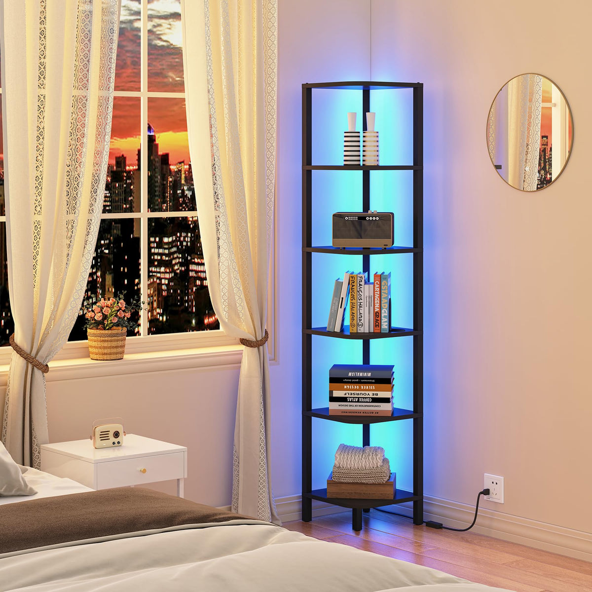 TUTOTAK Corner Shelf with LED Light displaying ambient decor in a living room