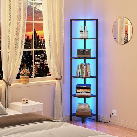 TUTOTAK Corner Shelf with LED Light displaying ambient decor in a living room