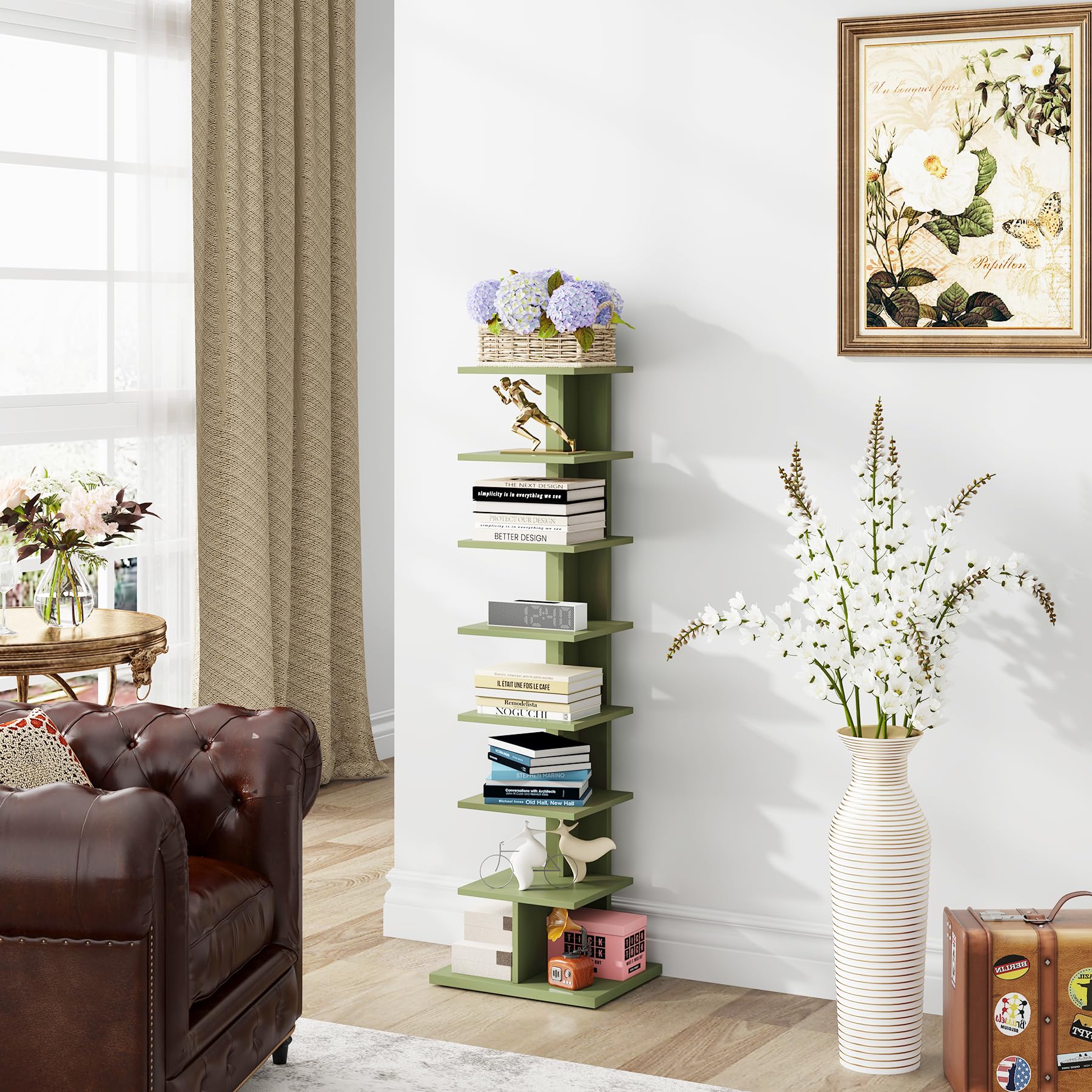 TUTOTAK corner-standing shelf olive-green demonstrates efficient small-space storage.