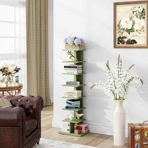 TUTOTAK corner-standing shelf olive-green demonstrates efficient small-space storage.