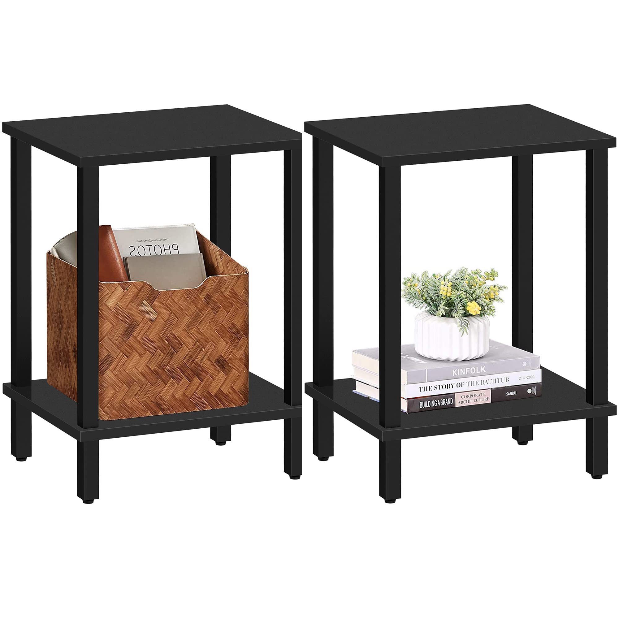 TUTOTAK End Table two-tier storage beside sofa keeps drinks and remotes within reach.