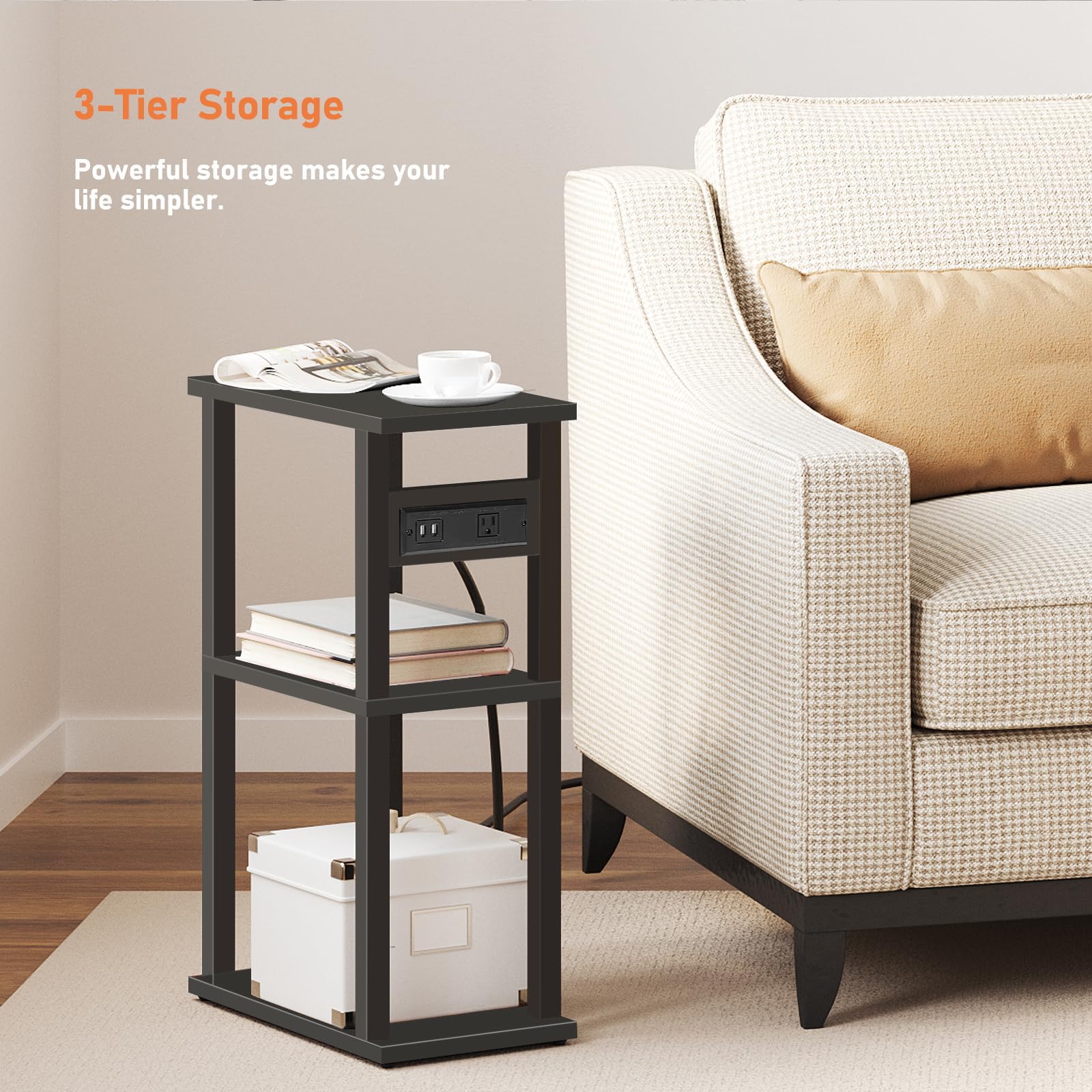 TUTOTAK end table with 3-tier storage for lamp, magazines, and tablet.
