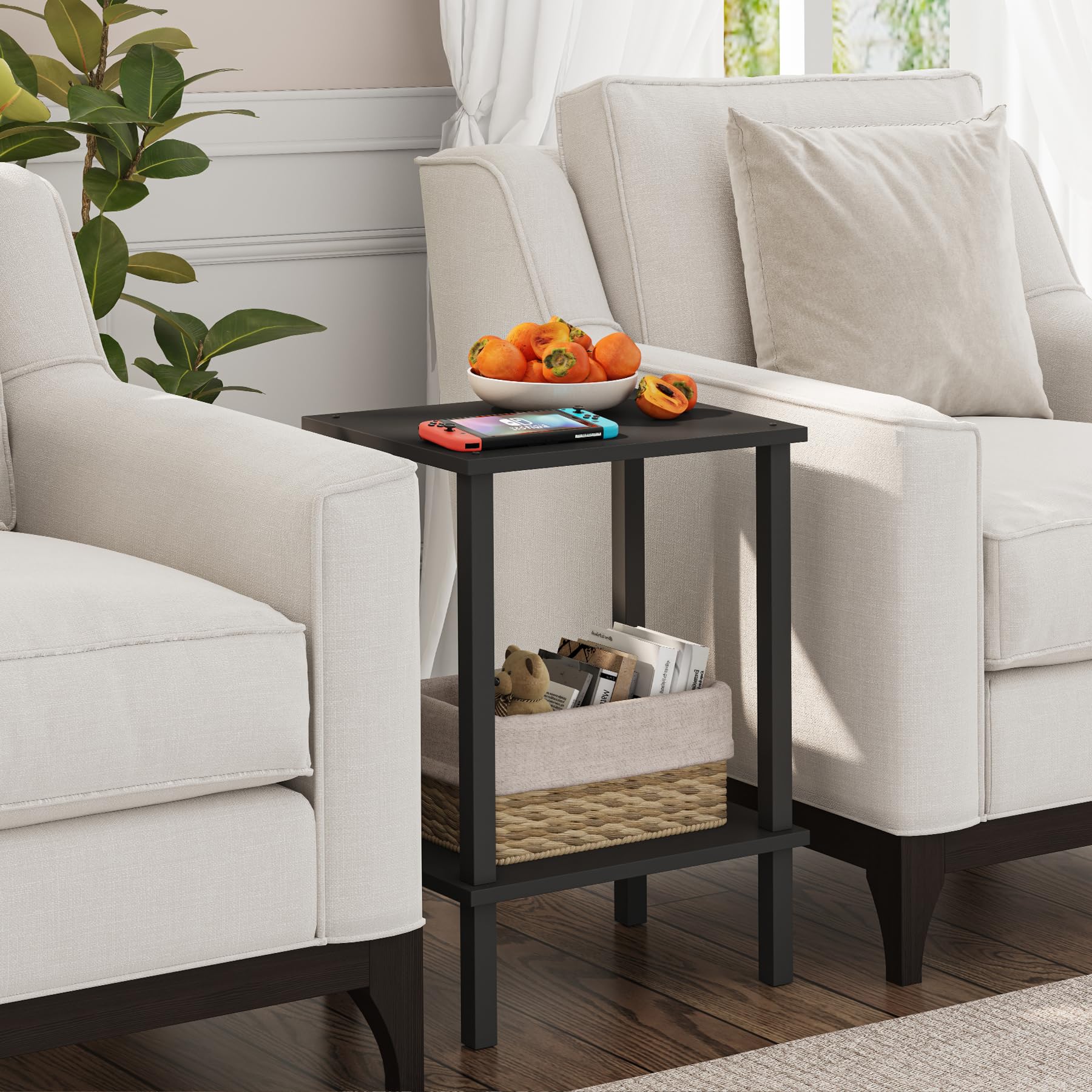 TUTOTAK End Table top-bottom shelves for versatile coffee, snack, and lamp setup.