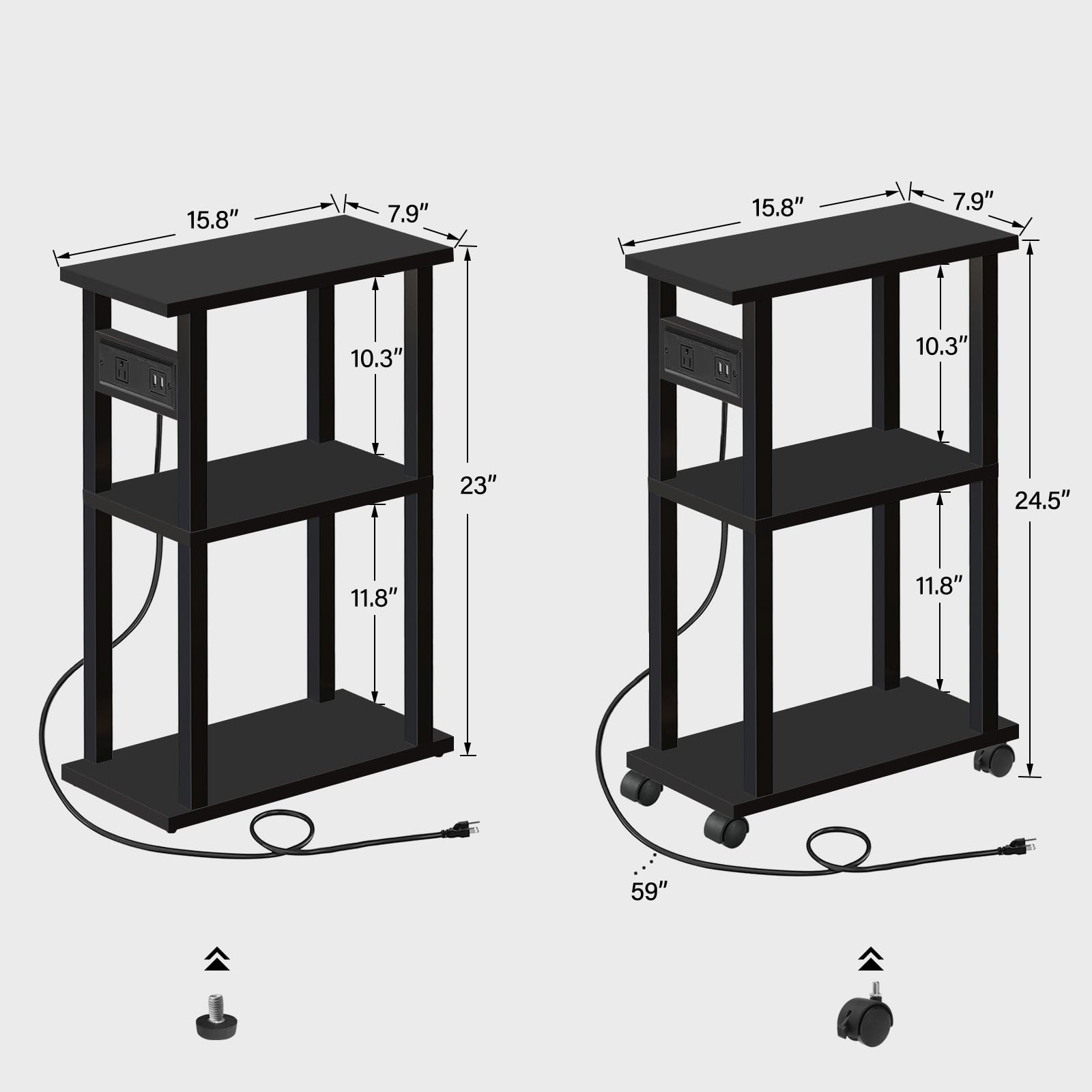 TUTOTAK narrow table with extension cord enables charging without hunting for outlets.