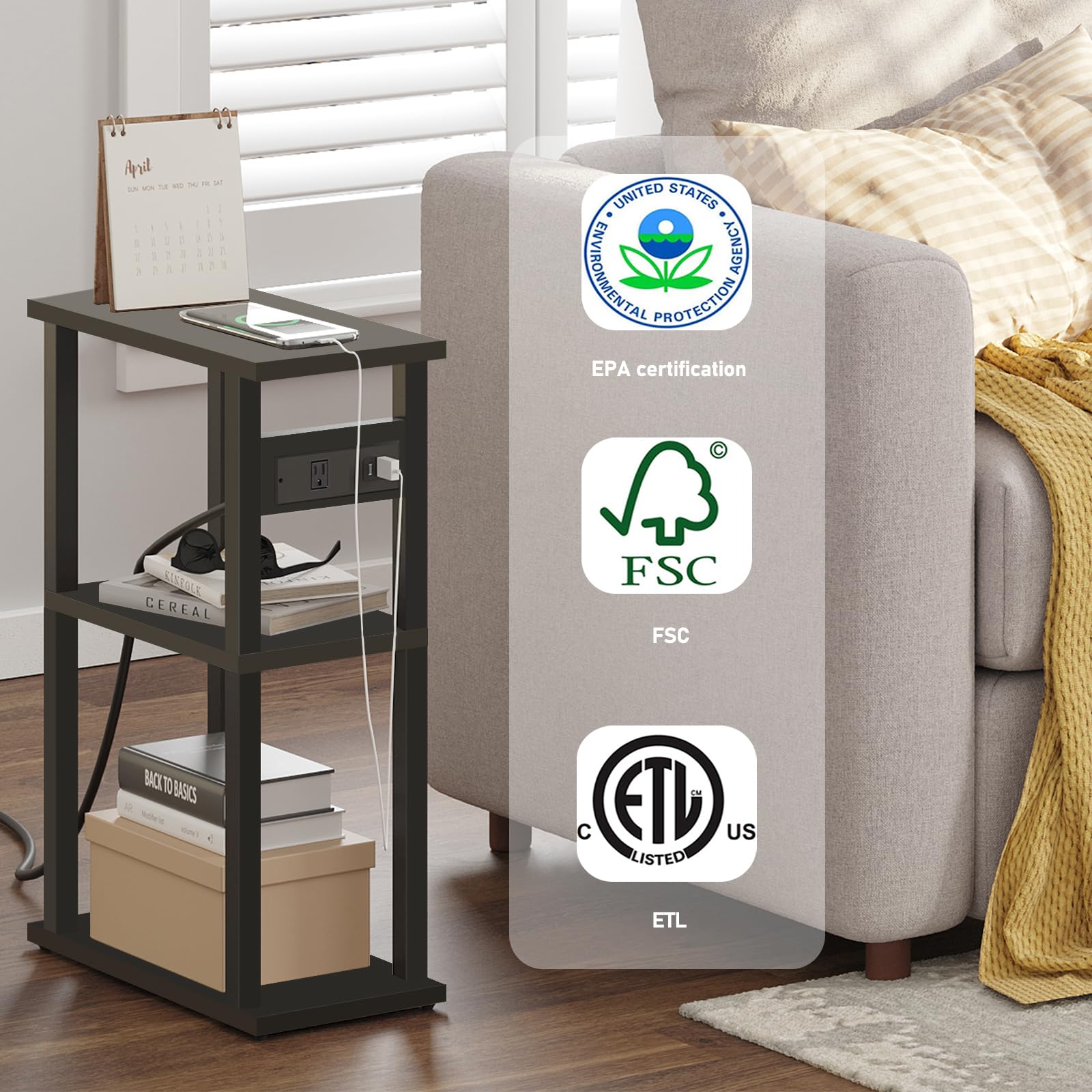 TUTOTAK skinny end table with wheels moves easily for flexible living room setup.