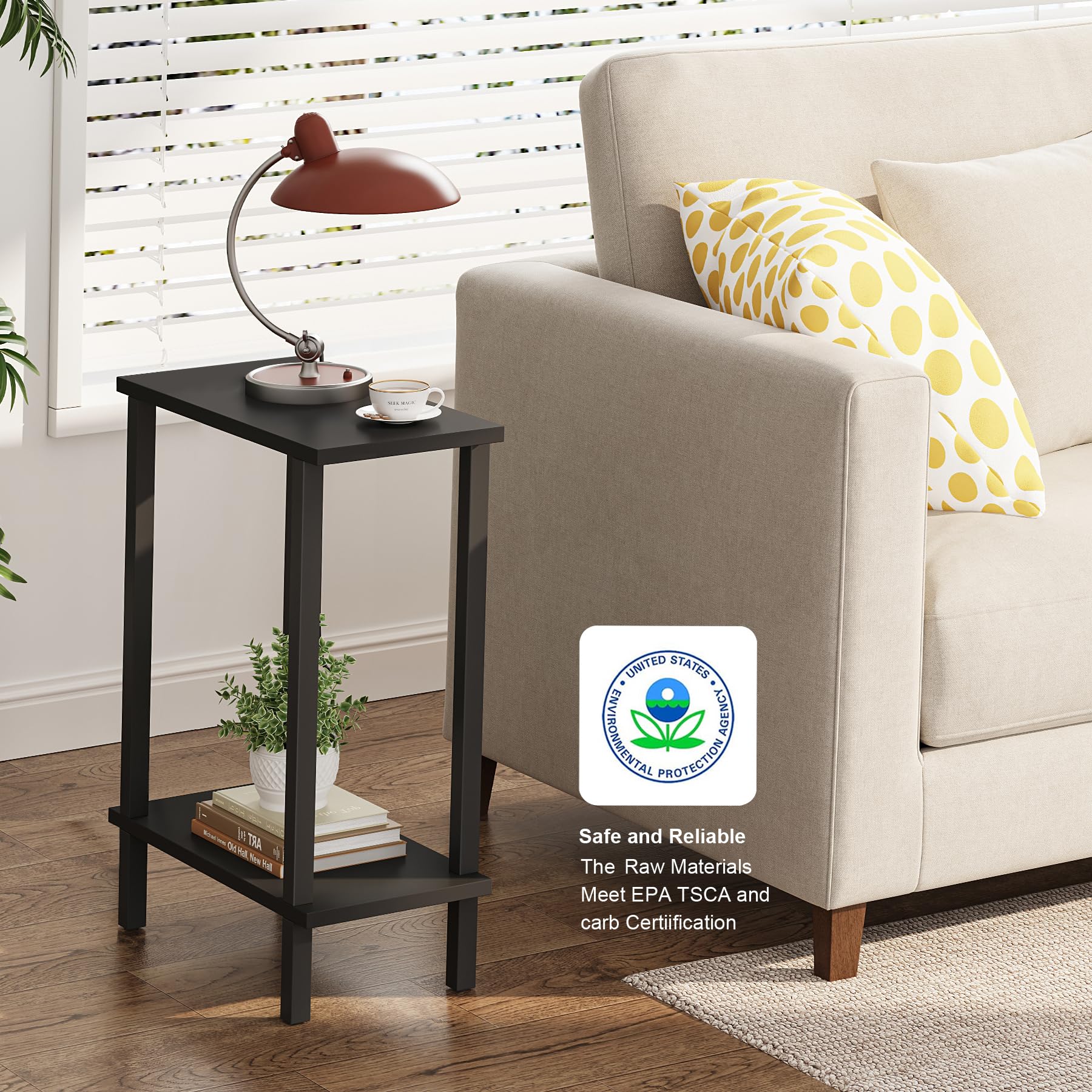 TUTOTAK skinny sofa table beside a couch in a modern living room