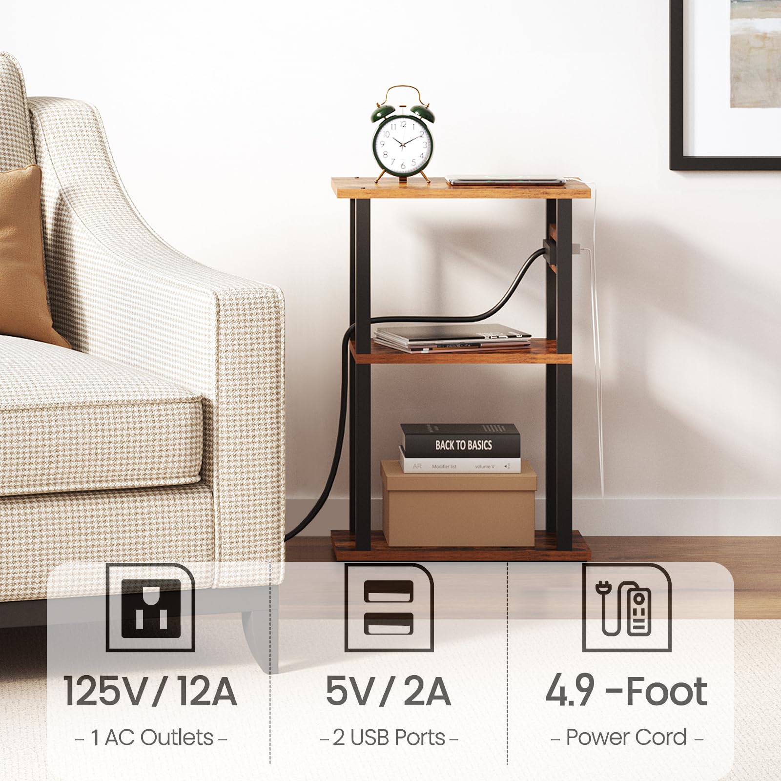 TUTOTAK slim nightstand with USB outlets for convenient charging