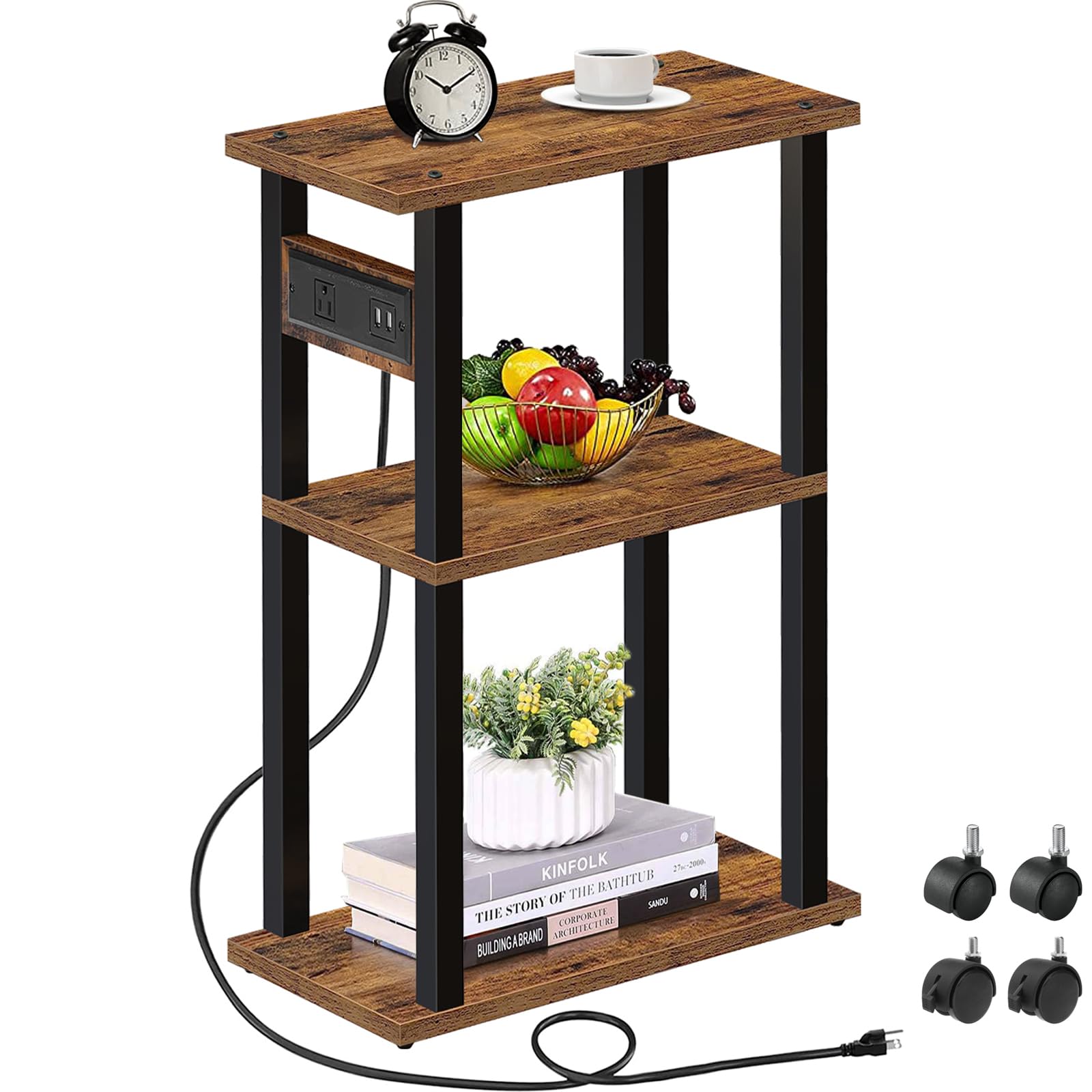 TUTOTAK charging-station side table in brown keeps devices powered near the sofa