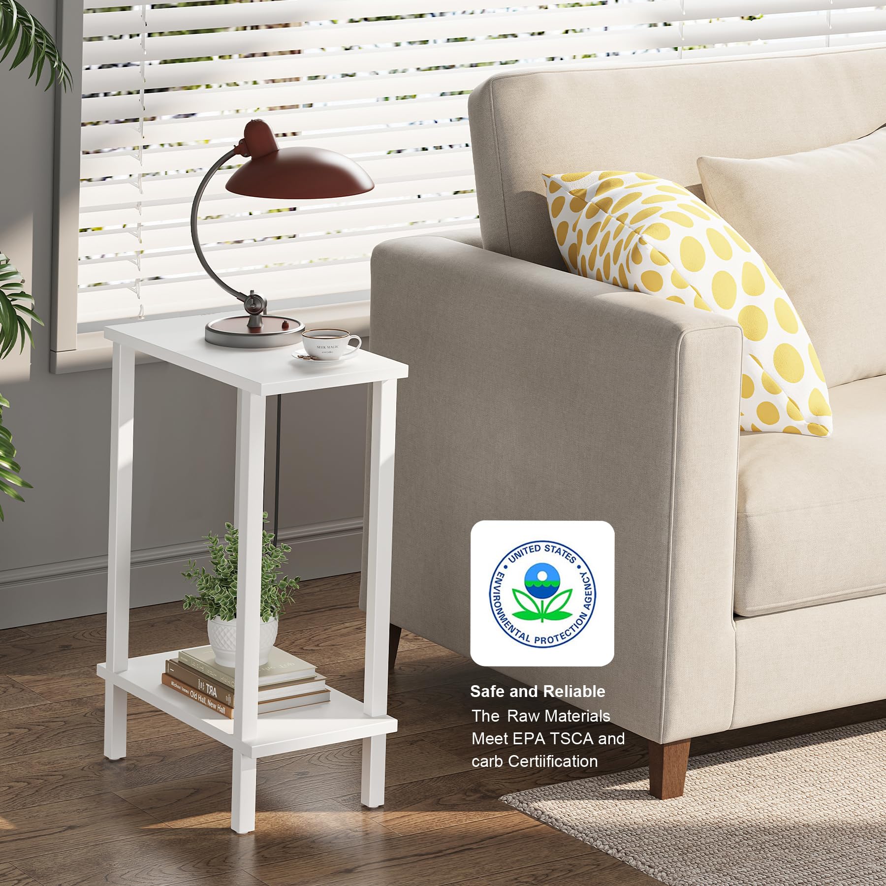 TUTOTAK two-tier storage shelves organize essentials on a modern coffee table.