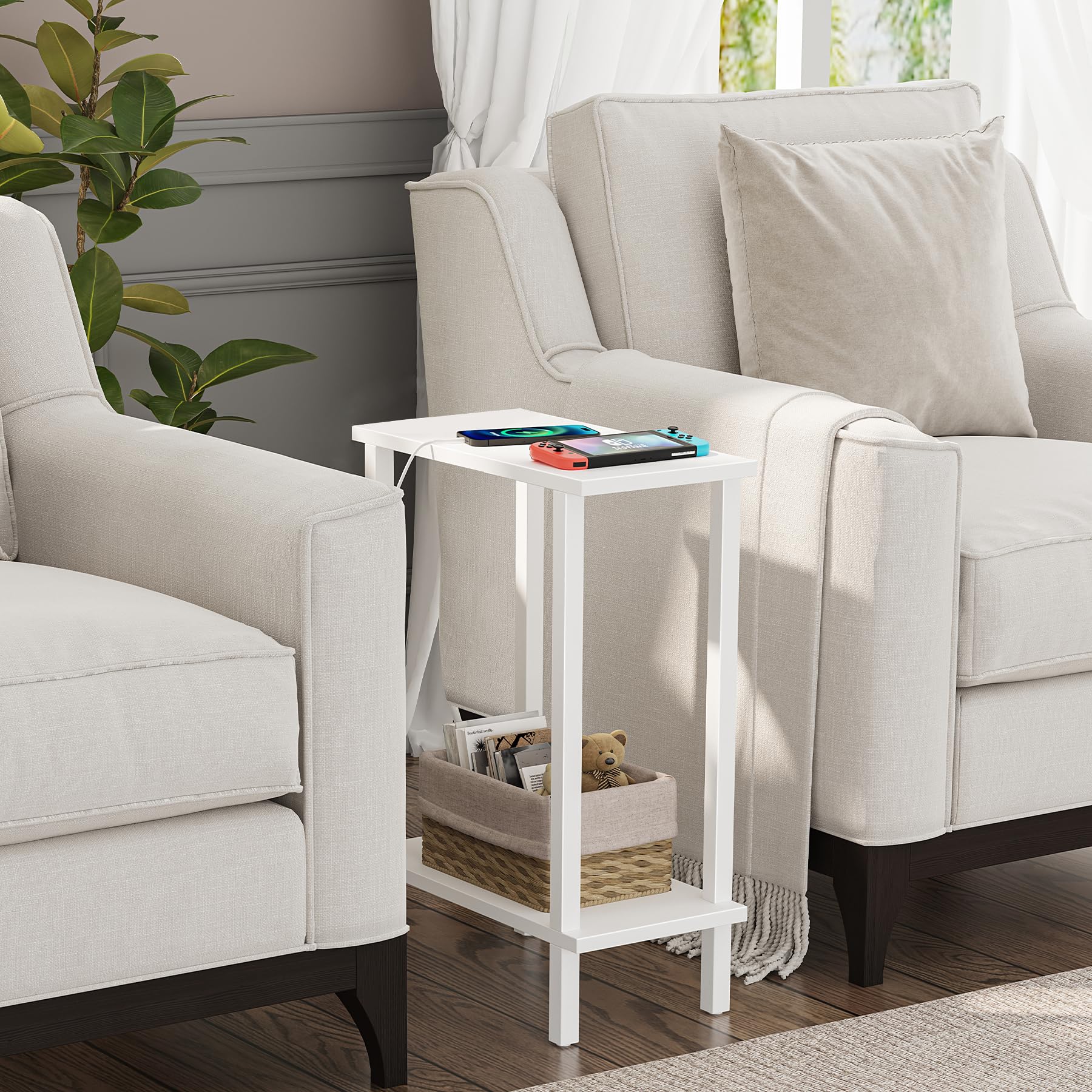 TUTOTAK white finish slim table complements contemporary bedroom decor.