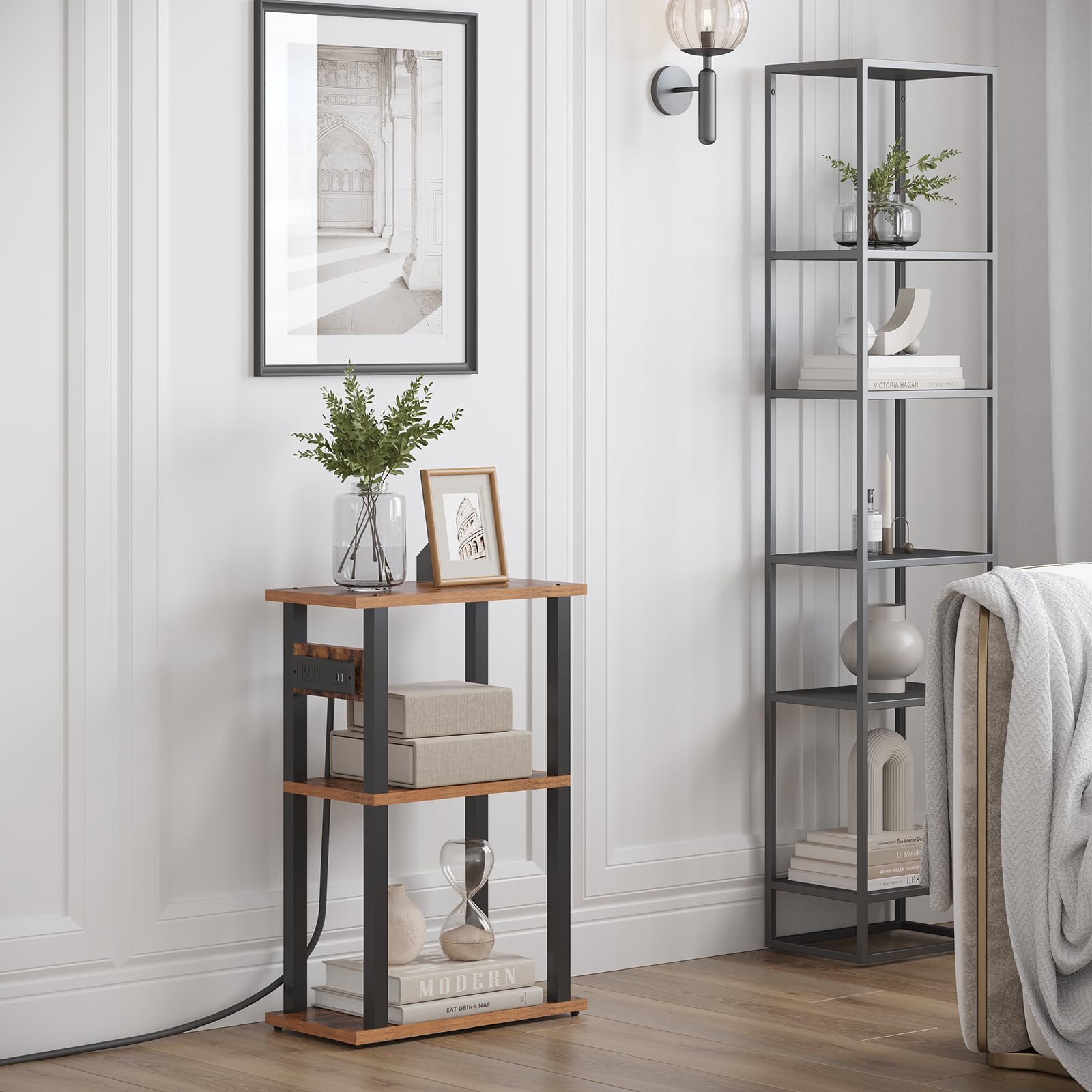 TUTOTAK wood-tone end table adds decorative function with organized surfaces