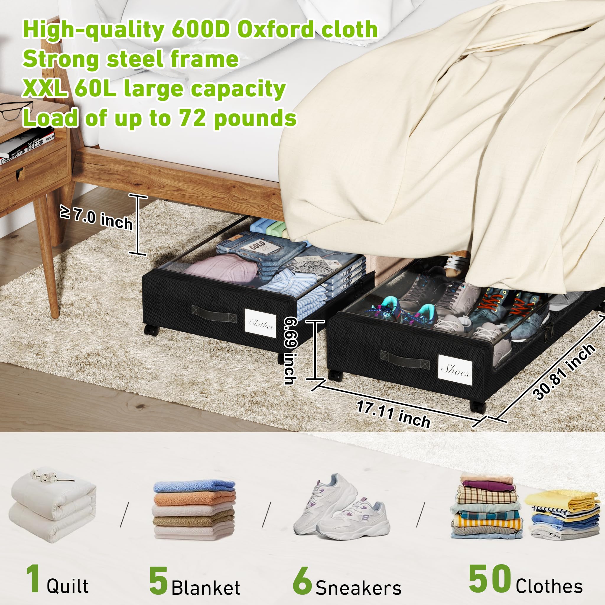 Tututry 60L under-bed bin with lid and label for quick item identification.