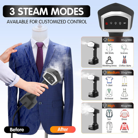 TUZOXU steamer with 3 settings for delicate to heavy fabrics.