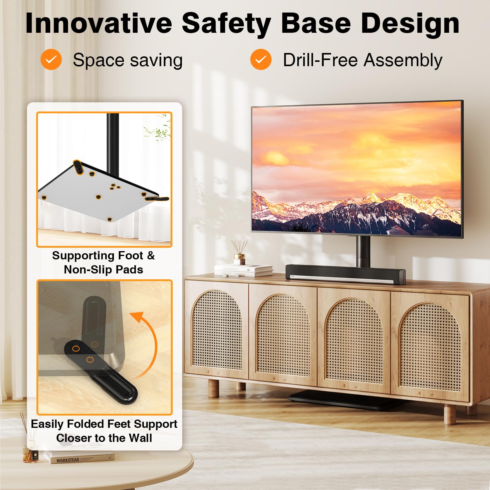 TVON built-in cable management hides wires for a clean, organized setup