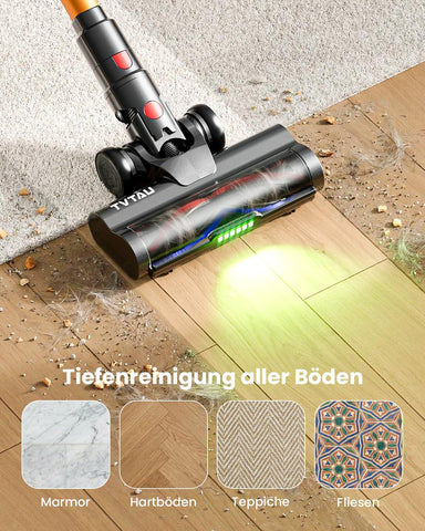 TVTAU cordless vacuum with LED display showing mode and battery status