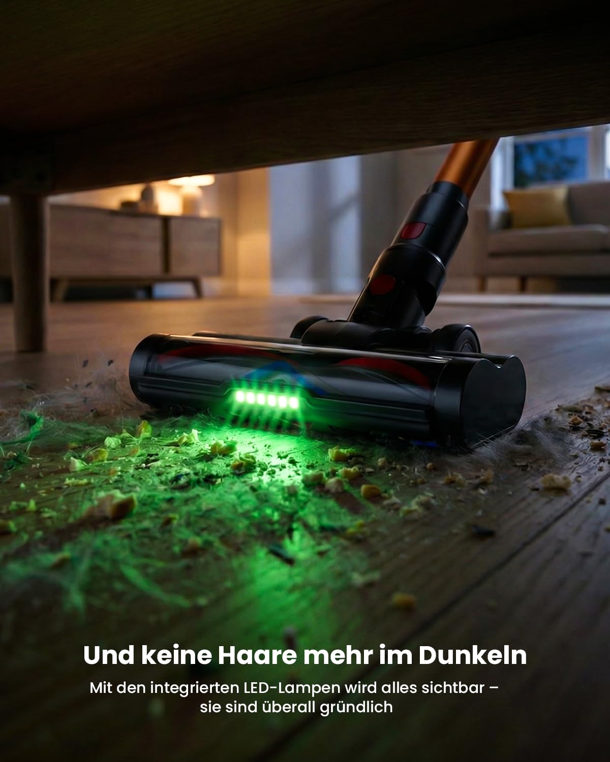 TVTAU green LED headlight illuminating dust under furniture
