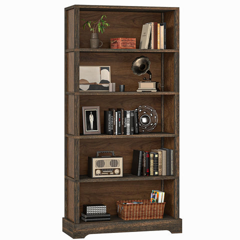 TVU 5-Tier Solid Wood Book Shelf in walnut finish organizes books and decor.