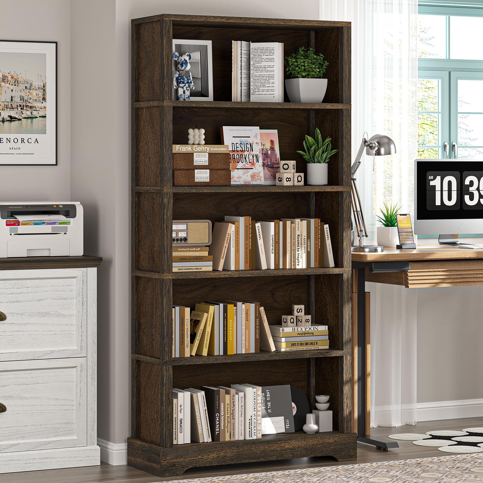 TVU 65 inch tall bookshelf provides ample storage for media, boxes, and keepsakes.