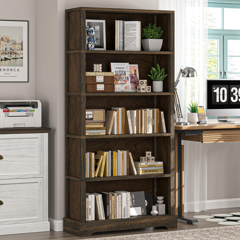 TVU 65 inch tall bookshelf provides ample storage for media, boxes, and keepsakes.