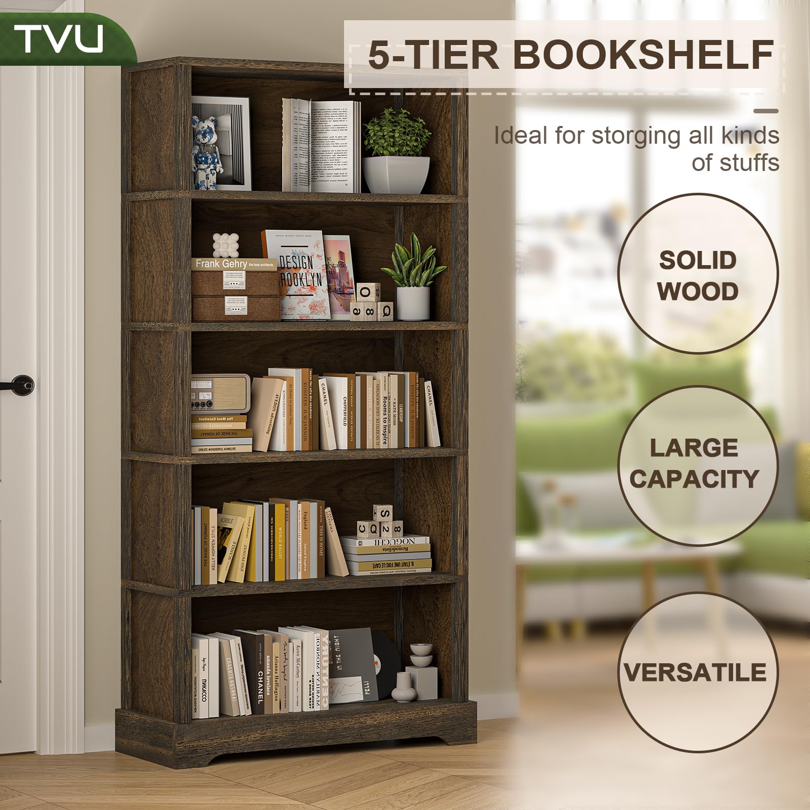 TVU floor-standing bookcase displays books and plants with farmhouse walnut charm.