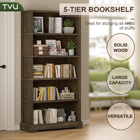 TVU floor-standing bookcase displays books and plants with farmhouse walnut charm.