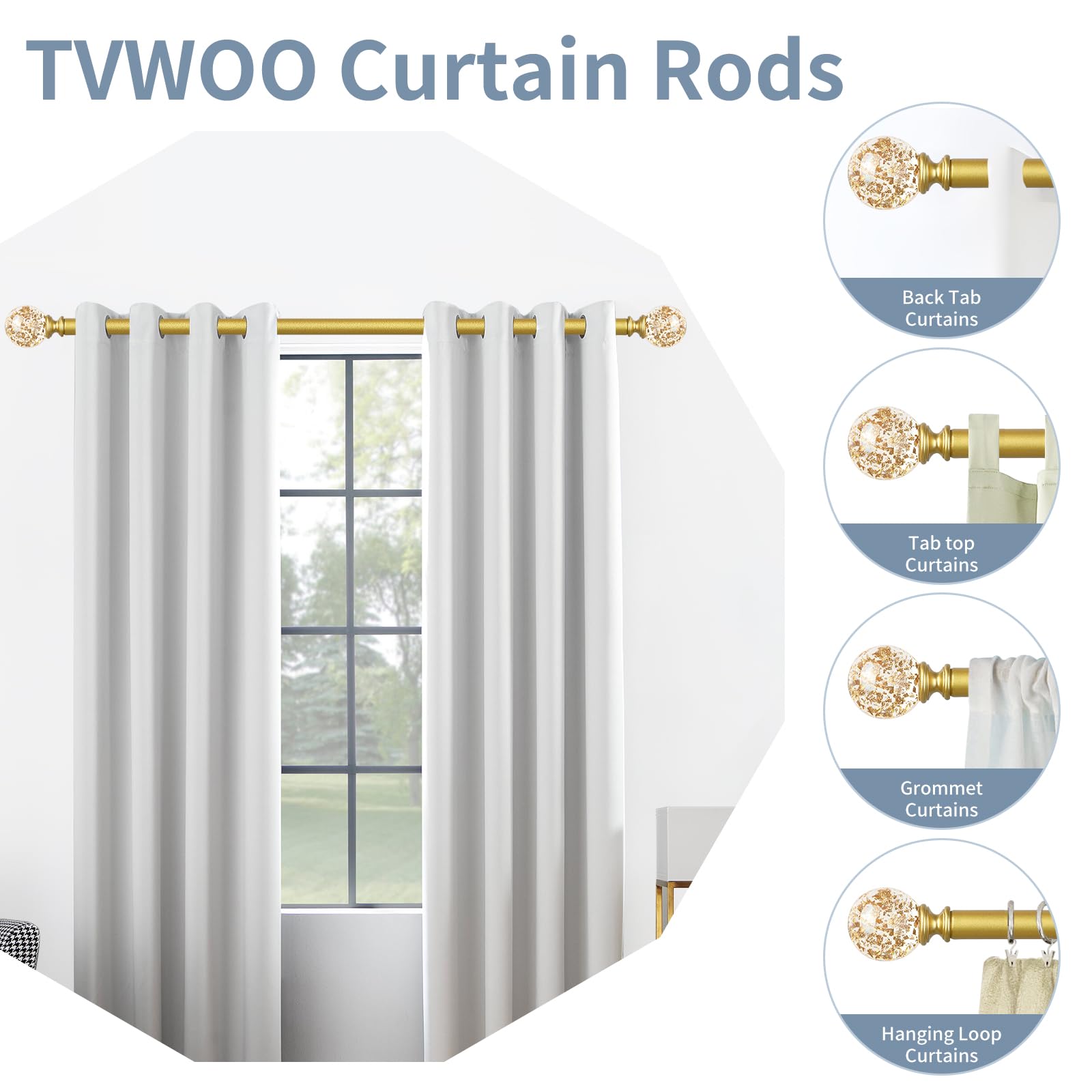 TVWOO brass finish finial close-up with glittering foil accents