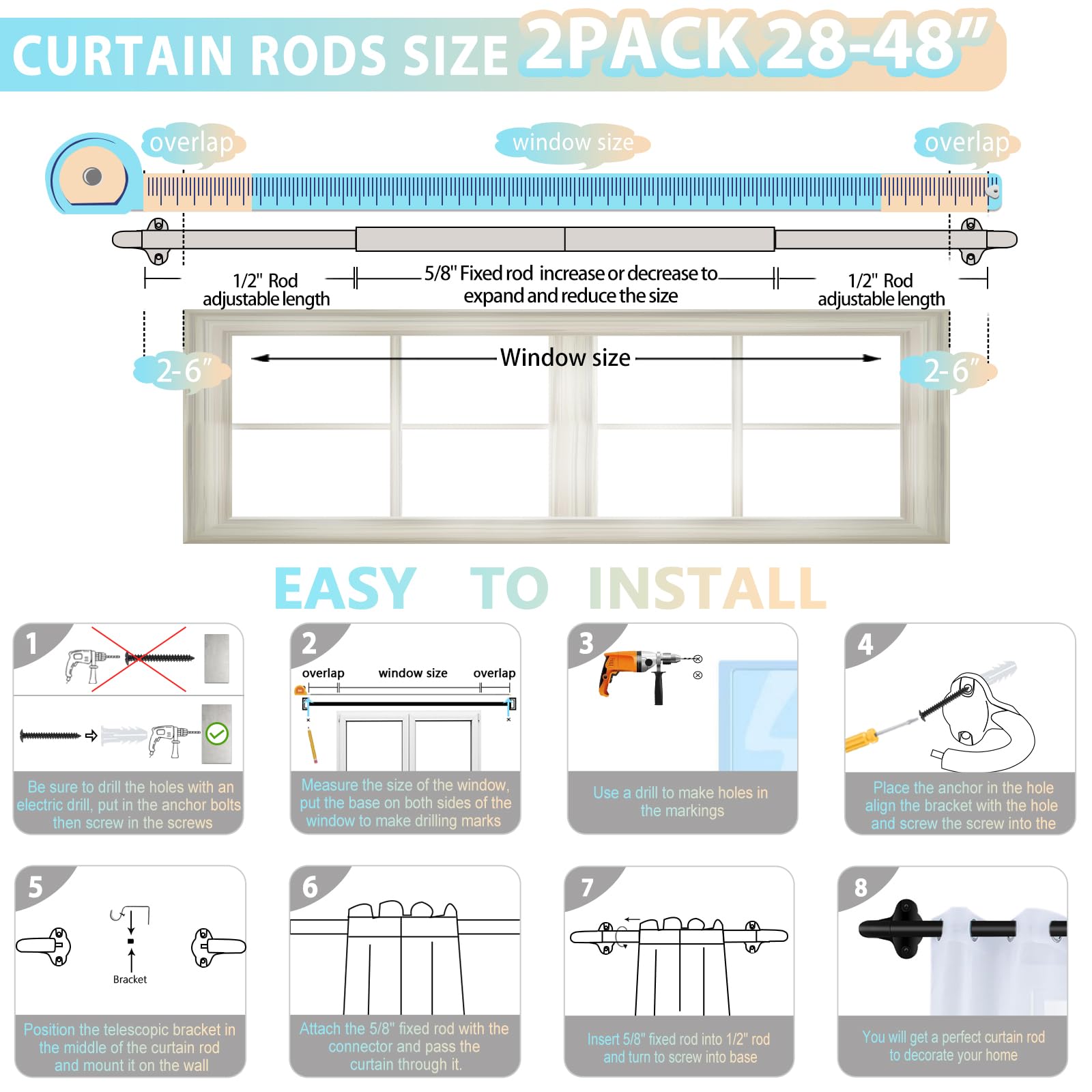 TVWOO adjustable 28-48 inches enables versatile window coverage