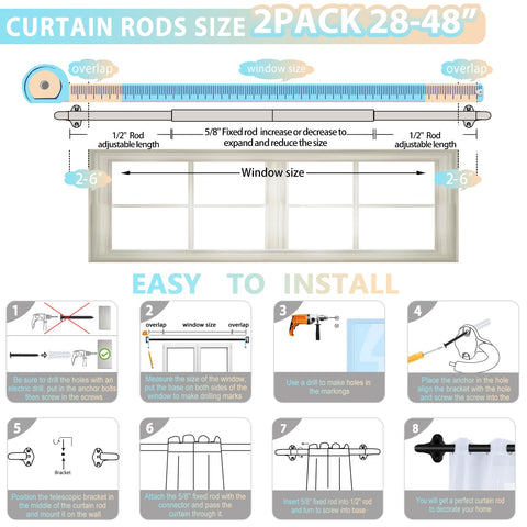 TVWOO adjustable 28-48 inches enables versatile window coverage