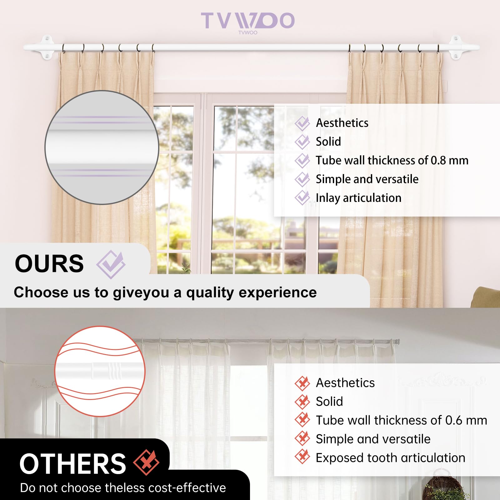 TVWOO curved blackout rod base hugs walls to reduce side light entry