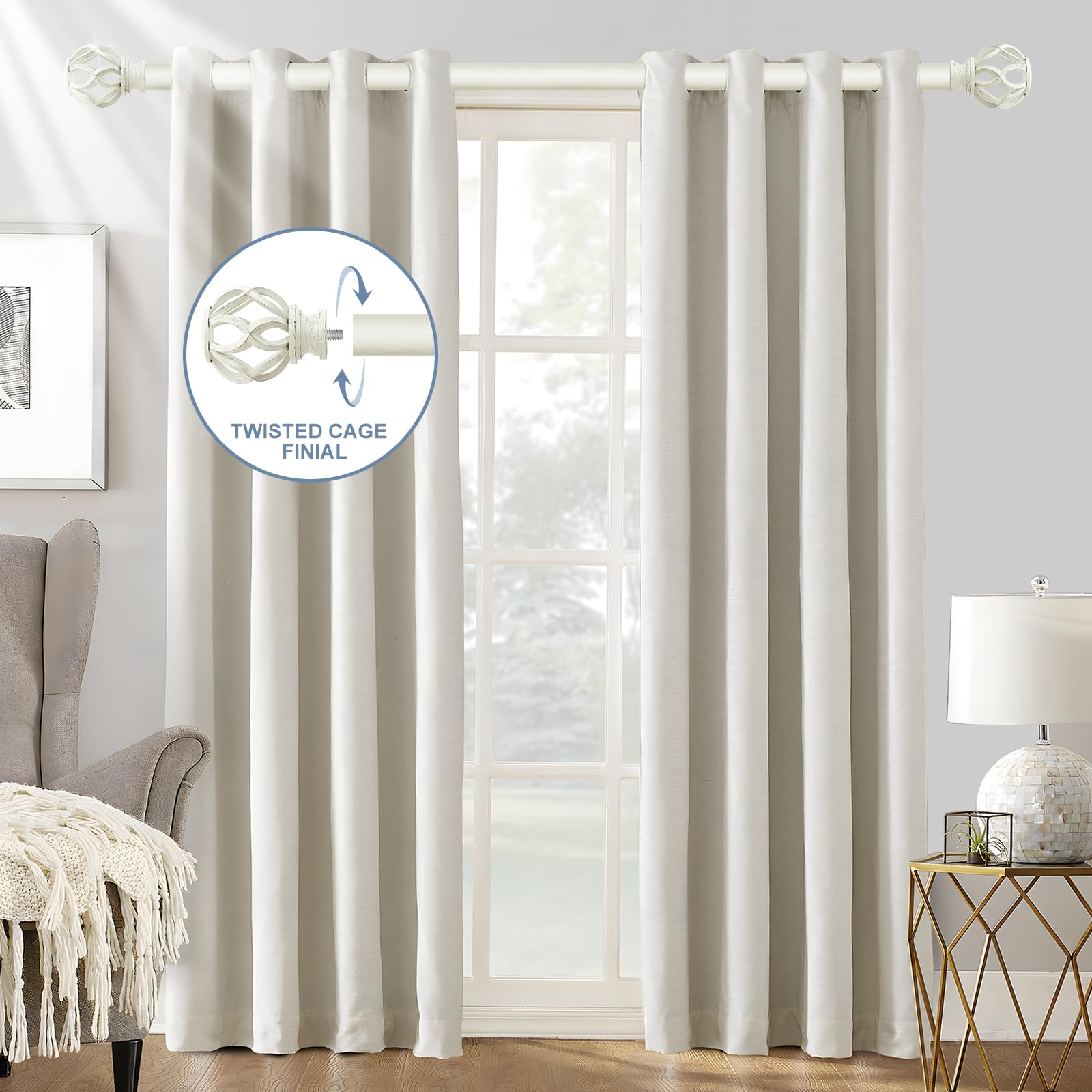 TVWOO heavy-duty curtain rod 1-inch diameter supports up to 30 pounds for thicker drapes.