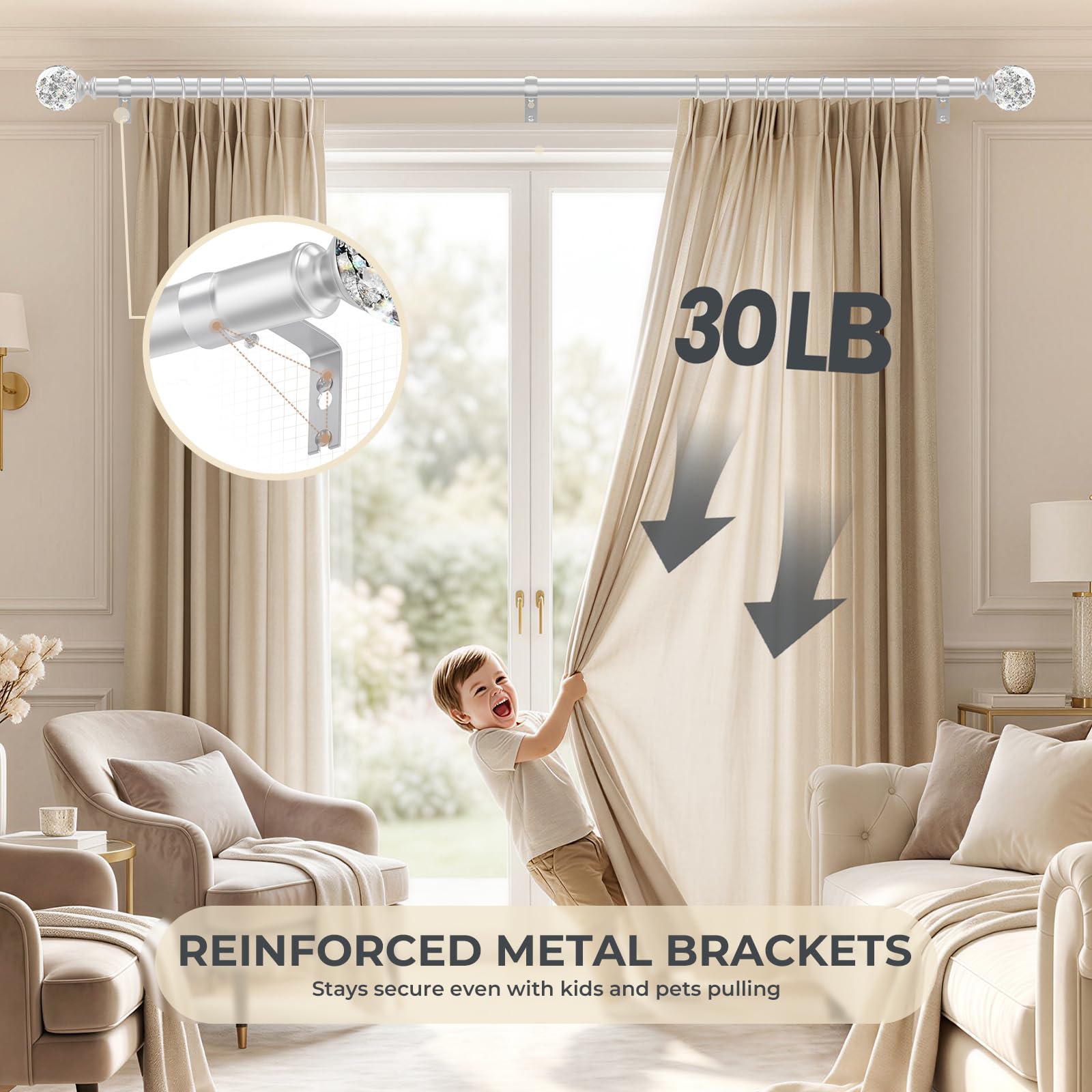 TVWOO heavy-duty iron rod and brackets for sturdy drapery support