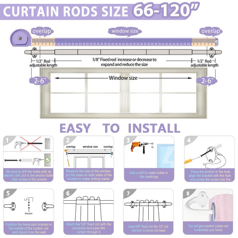 TVWOO metal outer and inner rods provide sturdy support for large windows